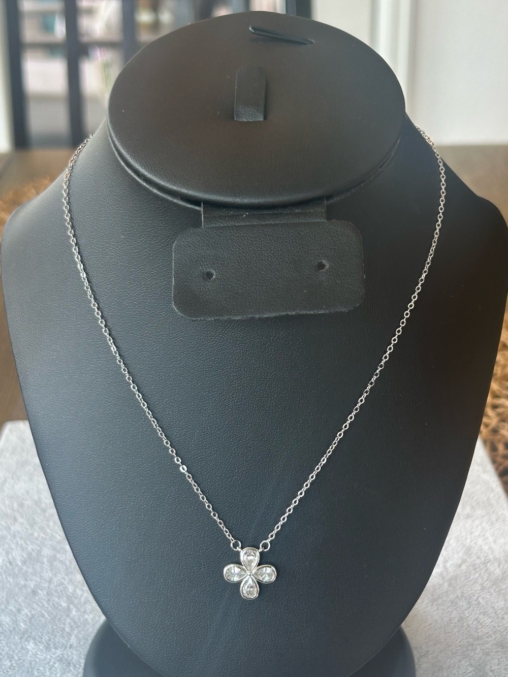Silver Tone Flower Pendant Necklace - White Crystal Accents